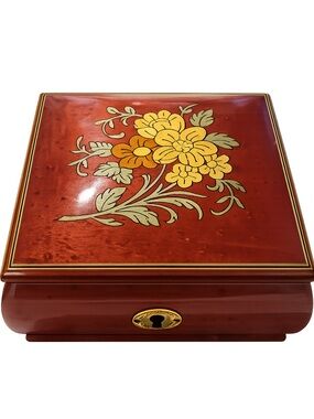 REUGE Swiss Music Jewelry Box Amazing Grace Italian Floral Inlay Burl Wood Vtg